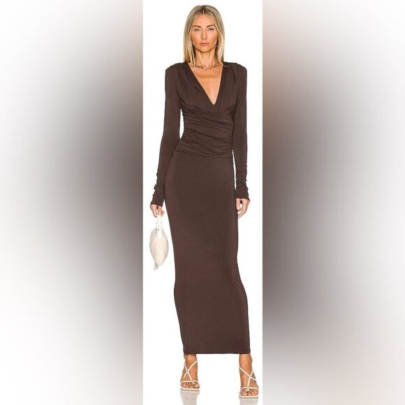 The Line By K Brown Long Sleeve Ruched Maxi Dress Large Elegant Bodycon - Picture 1 of 13
